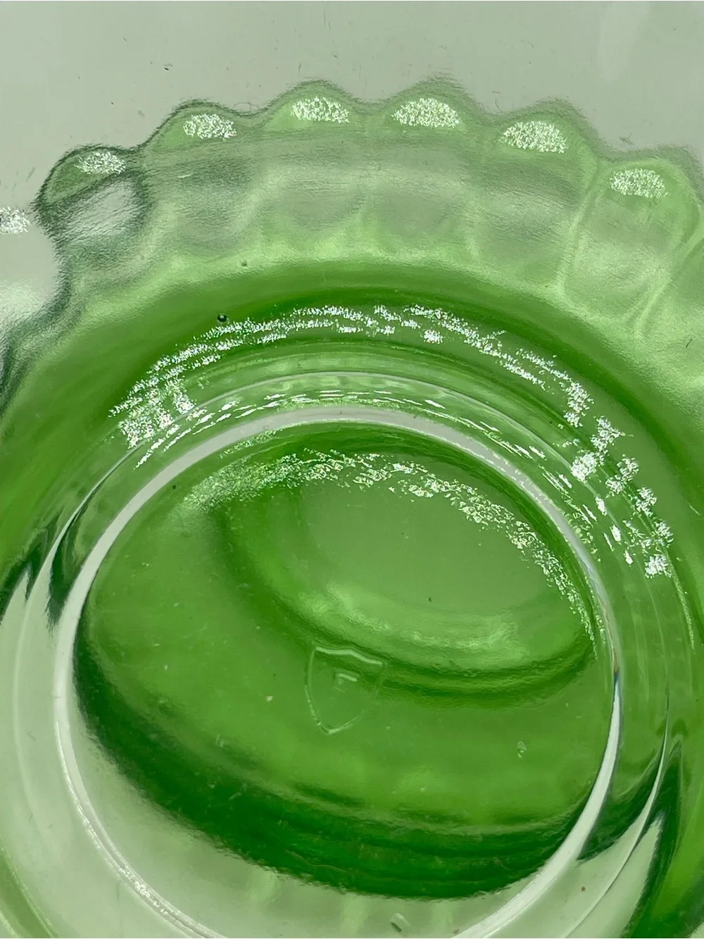 Vintage Federal Green Depression Uranium Glass Saucer Thumbprint